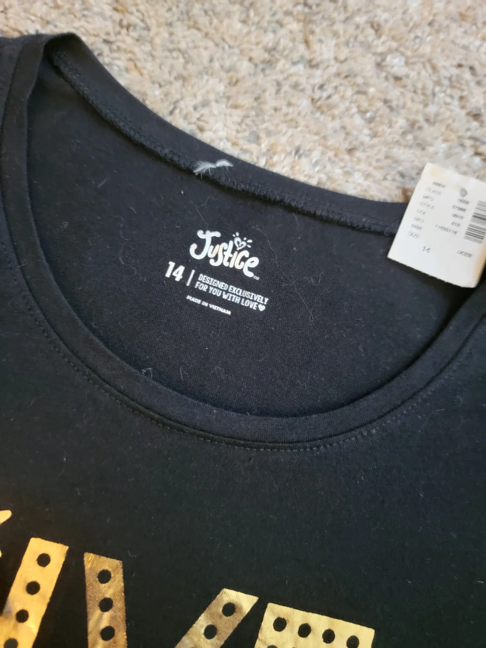 Justice Black Tee with Gold and White 'Live Rock Justice' Graphic Size 14 NWT!